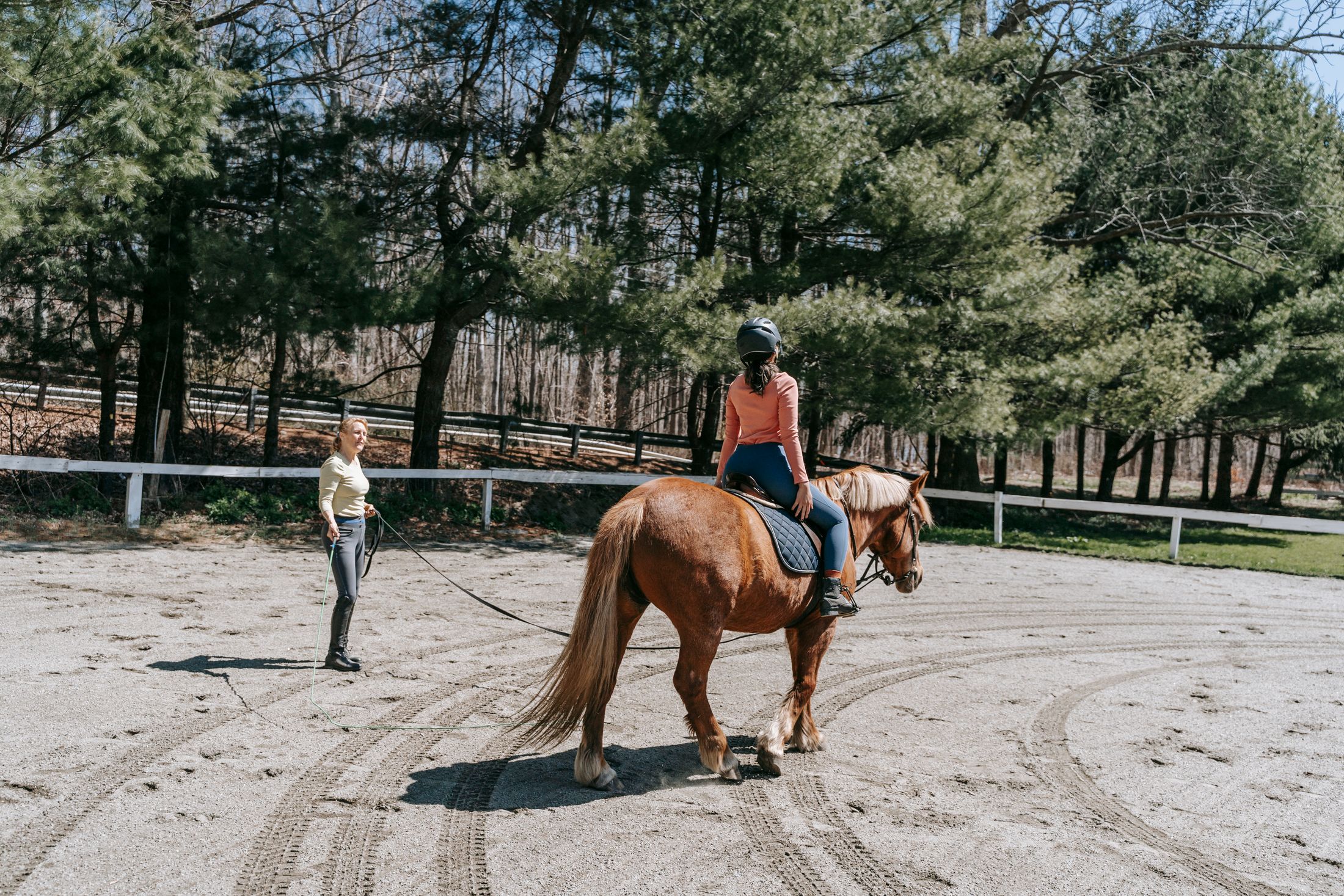 Rider on a chestnut horse in a sand arena with an instructor nearby and pine trees behind